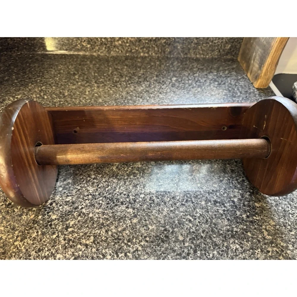 Vintage dark brown solid wood wall mount paper towel holder rolling pin shaped